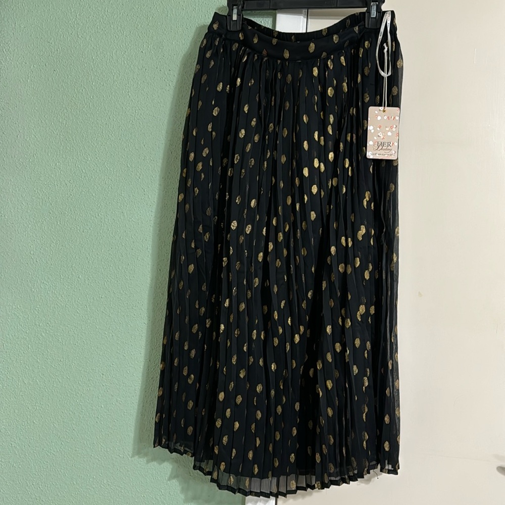 Pleated Elastic Band Black Gold Dots Long Skirt L Large NEW NWT